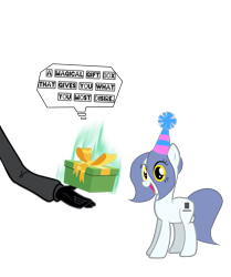 Size: 2014x2407 | Tagged: safe, oc, oc only, oc:epitec incognito, oc:hattsy, earth pony, human, pony, g4, birthday, birthday gift, birthday gift art, blue mane, blue tail, clothes, dialogue, gift art, gloves, happy, hat, it's not inpector gadget!, open mouth, party hat, present, simple background, tail, transparent background, vector, vector used, white coat, yellow eyes