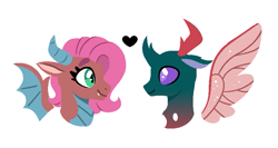 Size: 887x472 | Tagged: safe, artist:queerhorses, mina, pharynx, changeling, dragon, g4, base used, bust, duo, duo male and female, female, heart, interspecies, looking at each other, looking at someone, male, ship:minarnyx, shipping, simple background, straight, white background