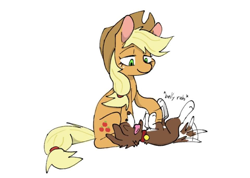 Size: 960x682 | Tagged: safe, artist:kosshkkosshk1, applejack, winona, dog, earth pony, pony, g4, applejack's hat, bellyrubs, cowboy hat, duo, female, hat, lidded eyes, lying down, mare, on back, simple background, sitting, solo, tail, tail wag, white background