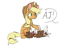 Size: 938x674 | Tagged: safe, artist:kosshkkosshk1, applejack, winona, earth pony, pony, g4, applejack's hat, bellyrubs, cowboy hat, dialogue, duo, female, hat, lying down, mare, offscreen character, on back, simple background, sitting, speech bubble, tail, tail wag, white background