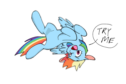 Size: 1442x963 | Tagged: safe, artist:kosshkkosshk1, rainbow dash, pegasus, pony, g4, behaving like a dog, belly, bellyrub request, cute, dashabetes, dialogue, featureless crotch, female, lying down, mare, on back, open mouth, simple background, solo, speech bubble, try me, white background