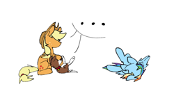 Size: 1994x1182 | Tagged: safe, artist:kosshkkosshk1, applejack, rainbow dash, winona, dog, earth pony, pegasus, pony, g4, ..., applejack's hat, behaving like a dog, bellyrub request, cowboy hat, female, hat, looking at each other, looking at someone, lying down, mare, on back, simple background, sitting, trio, white background