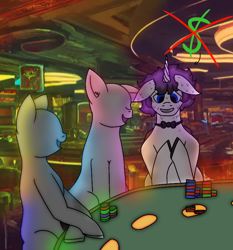 Size: 1440x1544 | Tagged: safe, artist:thomas.senko, oc, oc:soft light, alicorn, earth pony, pony, background pony, bowtie, casino, commission, gambling, male, nervous, nervous smile, nervous sweat, smiling, trio, trio focus, trio male