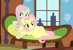 Size: 3160x2167 | Tagged: safe, artist:badumsquish, derpibooru exclusive, fluttershy, mean fluttershy, pegasus, pony, g4, my little pony: friendship is magic, the mean 6, belly, big belly, blushing, clone, couch, cuddling, duo, eyebrows, eyeliner, female, fluttershy's cottage, fluttershy's cottage (interior), head on lap, hug, implied futa, implied futa mean fluttershy, lesbian, looking away, lying down, makeup, on side, preggoshy, pregnant, raised eyebrow, relaxing, self impregnation, self paradox, selfcest, ship:mean shyshy, ship:shyshy, shipping, show accurate, sitting, spread legs, spreading, tsundere, unamused, window