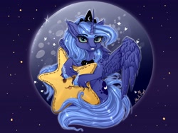 Size: 4032x3024 | Tagged: safe, artist:martazap3, princess luna, alicorn, pony, g4, crown, female, horn, jewelry, looking at you, mare, moon, regalia, sitting, small pony, smiling, smiling at you, solo, spread wings, toy, wings