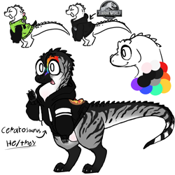 Size: 2000x2000 | Tagged: safe, artist:iwouldntmind, oc, oc only, unnamed oc, dinosaur, ceratosaurus, gir, invader zim, jurassic park, jurassic world, male, non-mlp oc, pronouns, reference sheet, simple background, solo, trans male, transgender, white background