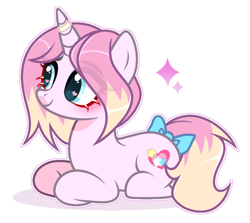 Size: 939x838 | Tagged: safe, artist:michiharas, oc, oc only, oc:sugar blossom, pony, unicorn, art trade, base used, blonde mane, blonde tail, blue bow, blue eyes, blushing, bow, eye clipping through hair, eyebrows, eyebrows visible through hair, eyelashes, female, female oc, heart, heart eyes, horn, horn ring, lying down, mare, mare oc, outline, pink coat, prone, ring, shadow, shiny mane, shiny tail, short mane, show accurate, simple background, smiling, solo, sparkles, tail, tail bow, two toned mane, two toned tail, unicorn horn, white background, wingding eyes