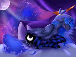 Size: 4000x3000 | Tagged: safe, artist:toxikil, princess luna, alicorn, pony, g4, bed, blushing, both cutie marks, butt, clothes, dock, ear blush, ears back, ethereal mane, eyebrows, eyebrows visible through hair, eyes closed, female, folded wings, frog (hoof), glowing, glowing cutie mark, high res, lying down, mare, on bed, on side, pillow, plot, signature, sleeping, socks, solo, starry mane, striped socks, tail, thigh highs, underhoof, wings
