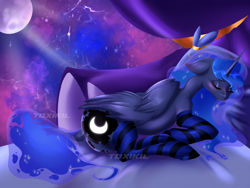 Size: 4000x3000 | Tagged: safe, artist:toxikil, princess luna, alicorn, pony, g4, bed, blushing, both cutie marks, butt, closed mouth, clothes, dock, ear blush, ears back, ethereal mane, eyebrows, eyebrows visible through hair, eyes closed, female, folded wings, frog (hoof), galaxy mane, glowing, glowing cutie mark, high res, horn, in bed, lying down, lying on bed, mare, moonbutt, on bed, on side, palindrome get, pillow, plot, signature, sleeping, socks, solo, starry mane, stockings, striped socks, tail, thigh highs, underhoof, watermark, wings