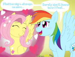 Size: 2040x1536 | Tagged: safe, artist:umbreonvevo, fluttershy, rainbow dash, pegasus, pony, g4, blush lines, blushing, cute, dashabetes, duo, duo female, female, heart, lesbian, mare, ship:flutterdash, shipping, shyabetes, speech bubble, spread wings, wings