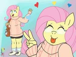 Size: 1024x772 | Tagged: safe, artist:umbreonvevo, fluttershy, pegasus, anthro, plantigrade anthro, g4, bag, clothes, cute, eyes closed, glasses, gradient background, handbag, heart, peace sign, shyabetes, socks, solo, sweater, sweatershy, tongue out, waving