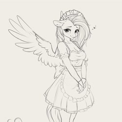 Size: 4000x4000 | Tagged: safe, artist:miokomata, fluttershy, pegasus, anthro, g4, breasts, busty fluttershy, cleavage, clothes, cute, dress, female, floppy ears, fluttermaid, freckles, freckleshy, gray background, grayscale, maid, mare, miokomata is trying to murder us, monochrome, shyabetes, simple background, smiling, solo, spread wings, wings