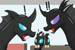 Size: 3000x2000 | Tagged: safe, artist:mightyshockwave, oc, oc only, oc:aculeus, oc:mimesis, oc:saccu, changeling, argument, changeling oc, cookie, exclamation point, fangs, food, mouth hold, open mouth, question mark, turned head