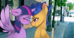 Size: 1342x692 | Tagged: safe, artist:themimicartist, flash sentry, twilight sparkle, alicorn, pegasus, pony, g4, duo, duo male and female, eyes closed, female, irl, male, mare, moments before disaster, photo, ponies in real life, ship:flashlight, shipping, smiling, spread wings, stallion, straight, the boys, this will end in death, twilight sparkle (alicorn), wings