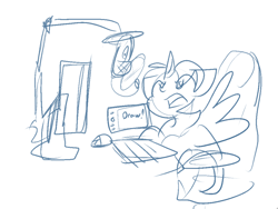 Size: 1024x771 | Tagged: safe, artist:zutcha, oc, oc only, alicorn, pony, chair, computer, male, microphone, office chair, simple background, sitting, sketch, solo, spread wings, stallion, white background, wings