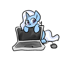 Size: 837x725 | Tagged: safe, artist:zutcha, trixie, pony, unicorn, g4, :t, computer, cute, diatrixes, female, horn, inconvenient trixie, laptop computer, mare, simple background, sitting, solo, white background