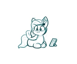 Size: 955x793 | Tagged: safe, artist:zutcha, pipp petals, pegasus, pony, g5, :3, adorapipp, behaving like a cat, cellphone, cute, lying down, monochrome, phone, ponyloaf, prone, simple background, sketch, smartphone, smiling, solo, white background