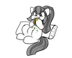 Size: 1025x818 | Tagged: safe, artist:zutcha, sonata dusk, earth pony, pony, g4, cute, earth pony sonata dusk, eating, equestria girls ponified, food, grayscale, hoof hold, messy eating, monochrome, partial color, pillow, ponified, simple background, sitting, sketch, solo, sonatabetes, sonataco, taco, white background