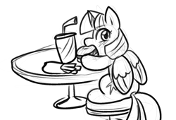 Size: 1066x727 | Tagged: safe, artist:zutcha, twilight sparkle, alicorn, pony, g4, black and white, drink, eating, food, french fries, grayscale, hoof hold, monochrome, simple background, sitting, sketch, solo, that pony sure does love burgers, twilight burgkle, twilight sparkle (alicorn), white background