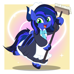 Size: 5000x5000 | Tagged: safe, artist:jhayarr23, oc, oc only, oc:guard cobalt flash, bat pony, bat pony oc, broom, clothes, commission, crossdressing, cute, maid, male, open mouth, open smile, passepartout, smiling, solo, ych result