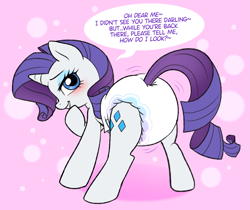 Size: 2393x2007 | Tagged: source needed, safe, artist:diaperpony, rarity, pony, unicorn, g4, abstract background, blushing, butt, butt shake, cute, diaper, diaper butt, diaper fetish, eyebrows, eyeshadow, female, fetish, horn, looking at you, looking back, looking back at you, makeup, mare, motion lines, non-baby in diaper, plot, poofy diaper, raised eyebrow, raised hoof, raribetes, rear view, smiling, solo, speech bubble, tail, tail hole, talking to viewer