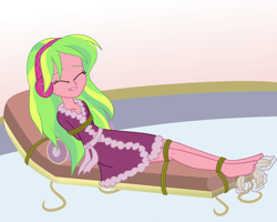 Size: 2500x2000 | Tagged: safe, artist:nie-martw-sie-o-mnie, part of a set, lemon zest, human, equestria girls, g4, bathrobe, bondage, clothes, eyes closed, feather, feet, female, femsub, foot tickling, headphones, robe, rope, rope bondage, solo, spa, submissive, tickling, tied down