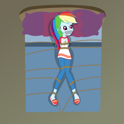 Size: 2500x2500 | Tagged: safe, artist:nie-martw-sie-o-mnie, part of a set, rainbow dash, human, equestria girls, g4, bed, bondage, bound and gagged, clothes, dashsub, female, femsub, gag, pajamas, pillow, rope, rope bondage, slippers, solo, submissive, tape, tape gag, tied down, tied to bed