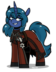 Size: 1285x1663 | Tagged: safe, artist:lrusu, oc, oc only, oc:arclight, pony, unicorn, armor, baldur's gate, baldur's gate 3, female, horn, mare, simple background, solo, white background