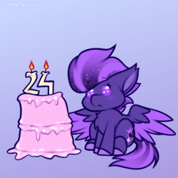 Size: 1000x1000 | Tagged: safe, artist:shad0w-galaxy, oc, oc only, oc:shadow galaxy, pegasus, pony, birthday, birthday cake, blushing, cake, candle, chibi, cute, ethereal mane, female, food, gradient background, mare, pegasus oc, smol, solo, starry eyes, starry mane, starry tail, tail, wingding eyes