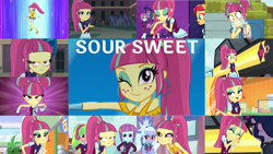 Size: 1280x721 | Tagged: safe, edit, edited screencap, editor:quoterific, screencap, lemon zest, sci-twi, sour sweet, sugarcoat, sunny flare, twilight sparkle, human, equestria girls, equestria girls specials, g4, my little pony equestria girls: dance magic, my little pony equestria girls: friendship games, dance magic (song), disco dress, female, one eye closed, wink