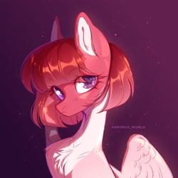 Size: 2100x2100 | Tagged: safe, artist:avroras_world, oc, oc only, pegasus, pony, bust, chest fluff, female, gradient background, looking at you, mare, signature, solo