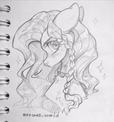 Size: 2469x2649 | Tagged: safe, artist:avroras_world, oc, oc only, pony, bust, commission, female, floppy ears, grayscale, looking at you, mare, monochrome, pencil drawing, profile, signature, solo, traditional art