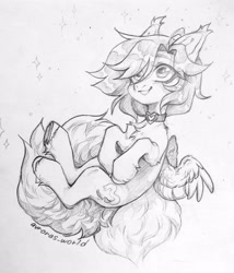 Size: 2453x2865 | Tagged: safe, artist:avroras_world, oc, oc only, pegasus, pony, chest fluff, choker, grayscale, hair over one eye, looking up, monochrome, pencil drawing, smiling, solo, spread wings, traditional art, wings