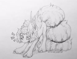 Size: 3300x2530 | Tagged: safe, artist:avroras_world, oc, oc only, pegasus, pony, commission, emanata, grayscale, huge tail, monochrome, pencil drawing, signature, solo, spread wings, stretching, tail, traditional art, unshorn fetlocks, wings