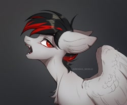 Size: 2050x1700 | Tagged: safe, artist:avroras_world, oc, oc only, pegasus, pony, blood, chest fluff, commission, ears back, fangs, gradient background, open mouth, partially open wings, profile, signature, solo, wings