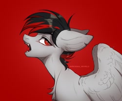 Size: 2050x1700 | Tagged: safe, artist:avroras_world, oc, oc only, pegasus, pony, chest fluff, commission, ears back, fangs, gradient background, open mouth, partially open wings, profile, signature, solo, wings