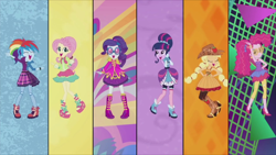 Size: 1280x720 | Tagged: safe, screencap, applejack, fluttershy, pinkie pie, rainbow dash, rarity, twilight sparkle, human, equestria girls, friendship through the ages, g4, 80s hair, clothes, country applejack, female, folk fluttershy, hand on hip, high heels, humane five, humane six, new wave pinkie, rainbow punk, sgt. rarity, shoes