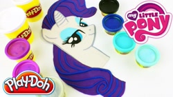 Size: 1280x720 | Tagged: safe, artist:play-doh world, rarity, pony, unicorn, g4, art, bust, closed mouth, cute, eyeshadow, female, head, horn, lidded eyes, logo, makeup, mare, my little pony logo, play-doh, portrait, raribetes, simple background, smiling, solo, white background, youtube link, youtube thumbnail