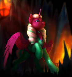 Size: 2469x2629 | Tagged: safe, artist:itssim, opaline arcana, alicorn, pony, g5, cave, choker, clothes, commission, female, horn, lightly watermarked, looking at you, looking down, looking down at you, mare, raised hoof, signature, socks, solo, spread wings, stockings, thigh highs, watermark, wings