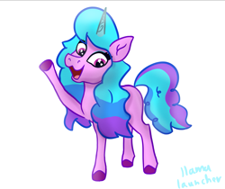 Size: 2577x2160 | Tagged: safe, artist:llamalauncher, izzy moonbow, horse, pony, unicorn, g5, female, horn, mare, open mouth, open smile, raised hoof, signature, simple background, smiling, solo, style emulation, tail, unshorn fetlocks, white background, wild manes, wild manesified