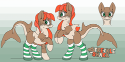 Size: 2715x1357 | Tagged: safe, artist:freckleshark, oc, oc only, oc:freckle, original species, shark, shark pony, clothes, female, fish tail, gills, gradient background, mare, raised hoof, rearing, reference sheet, shark pony oc, shark tail, sharp teeth, socks, solo, striped socks, tail, teeth