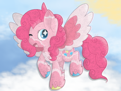 Size: 3200x2400 | Tagged: safe, artist:mimiqq, pinkie pie, pegasus, pony, g4, alternate design, coat markings, feathered fetlocks, female, pegasus pinkie pie, race swap, sky background, solo, unshorn fetlocks