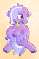 Size: 1600x2400 | Tagged: safe, artist:mimiqq, oc, oc only, oc:satin showers, pegasus, pony, bell, bell collar, collar, cowbell, female, floppy ears, freckles, heart, heart mark, nervous, nervous smile, smiling, solo, striped mane, unshorn fetlocks, wings