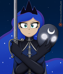 Size: 1700x2000 | Tagged: safe, artist:drake-rex, princess luna, human, g4, blue eyes, breasts, cape, clothes, crossed arms, crown, ethereal mane, eyelashes, furrowed brow, galaxy mane, gloves, humanized, jewelry, looking at you, mask, military uniform, night, night sky, regalia, saber, sky, solo, stars, sword, tiara, uniform, warrior luna, weapon