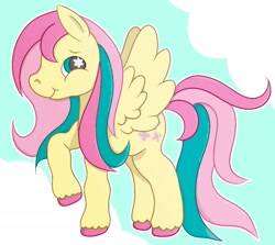 Size: 1324x1181 | Tagged: safe, artist:mimiqq, fluttershy, pegasus, pony, g2, g4, female, g4 to g2, generation leap, happy, simple background, smiling, solo, unshorn fetlocks