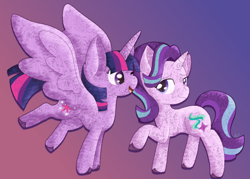 Size: 3054x2188 | Tagged: safe, artist:mimiqq, starlight glimmer, twilight sparkle, alicorn, pony, unicorn, g4, duo, duo female, female, gradient background, happy, horn, looking at each other, looking at someone, one eye closed, smiling, smiling at each other, twilight sparkle (alicorn), unshorn fetlocks, wink