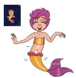 Size: 821x840 | Tagged: safe, artist:ocean lover, scootaloo, human, mermaid, seapony (g4), g4, season 8, surf and/or turf, bandeau, bare midriff, bare shoulders, belly, belly button, bubble, child, cute, cutealoo, dancing, eyes closed, female, fins, fish tail, humanized, light skin, mermaid tail, mermaidized, midriff, ms paint, ocean, open mouth, open smile, purple hair, reference, reference sheet, scene interpretation, screencap reference, seaponified, seapony scootaloo, seaquestria, seaweed, short hair, simple background, smiling, solo, species swap, swimming, tail, tail fin, tomboy, underwater, water, white background