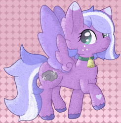 Size: 2068x2108 | Tagged: safe, artist:mimiqq, oc, oc only, oc:satin showers, pegasus, bell, bell collar, collar, cowbell, freckles, heart, heart mark, nervous, patterned background, raised hoof, solo, striped mane, unshorn fetlocks