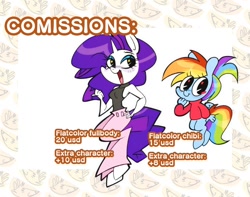 Size: 1254x988 | Tagged: safe, artist:opossum-stuff, rainbow dash, rarity, pegasus, unicorn, anthro, unguligrade anthro, g4, advertisement, alternate hairstyle, big eyes, blue coat, blue eyeshadow, chibi, clothes, colored, commission info, commission open, duo, duo female, eye clipping through hair, eyelashes, eyeshadow, female, flat colors, grammar error, hand on hip, horn, long mane, long tail, looking back, makeup, mare, missing cutie mark, multicolored hair, no pants, no pupils, open mouth, open smile, pants, patterned background, ponytail, purple mane, purple tail, rainbow hair, rainbow tail, raised arm, raised leg, shiny mane, shiny tail, sleeveless, sleeveless turtleneck, slender, smiling, sparkly eyes, standing, standing on one leg, starry eyes, tail, tall ears, text, thin, tied mane, turtleneck, unicorn horn, white coat, white text, wingding eyes