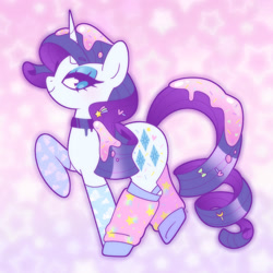 Size: 1750x1750 | Tagged: safe, artist:vivian reed, part of a set, rarity, pony, unicorn, g4, bow, choker, clothes, eyebrows, eyebrows visible through hair, fairy kei, female, food, frosting, hairclip, horn, leg warmers, lidded eyes, looking at you, mare, no pupils, smiling, smiling at you, socks, solo, sprinkles, standing on two hooves